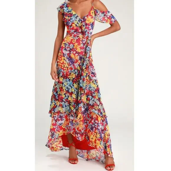 Lulus Ruby Red Floral Print Chiffon Maxi Dress XS Wedding Feminine Date Night - Picture 1 of 7
